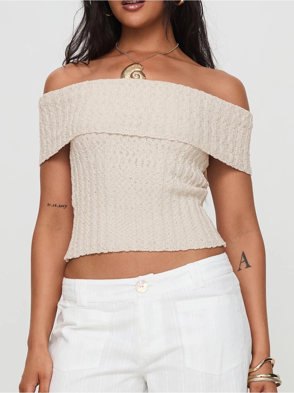 Princess Polly Murmur Off Shoulder Knit Top Beige